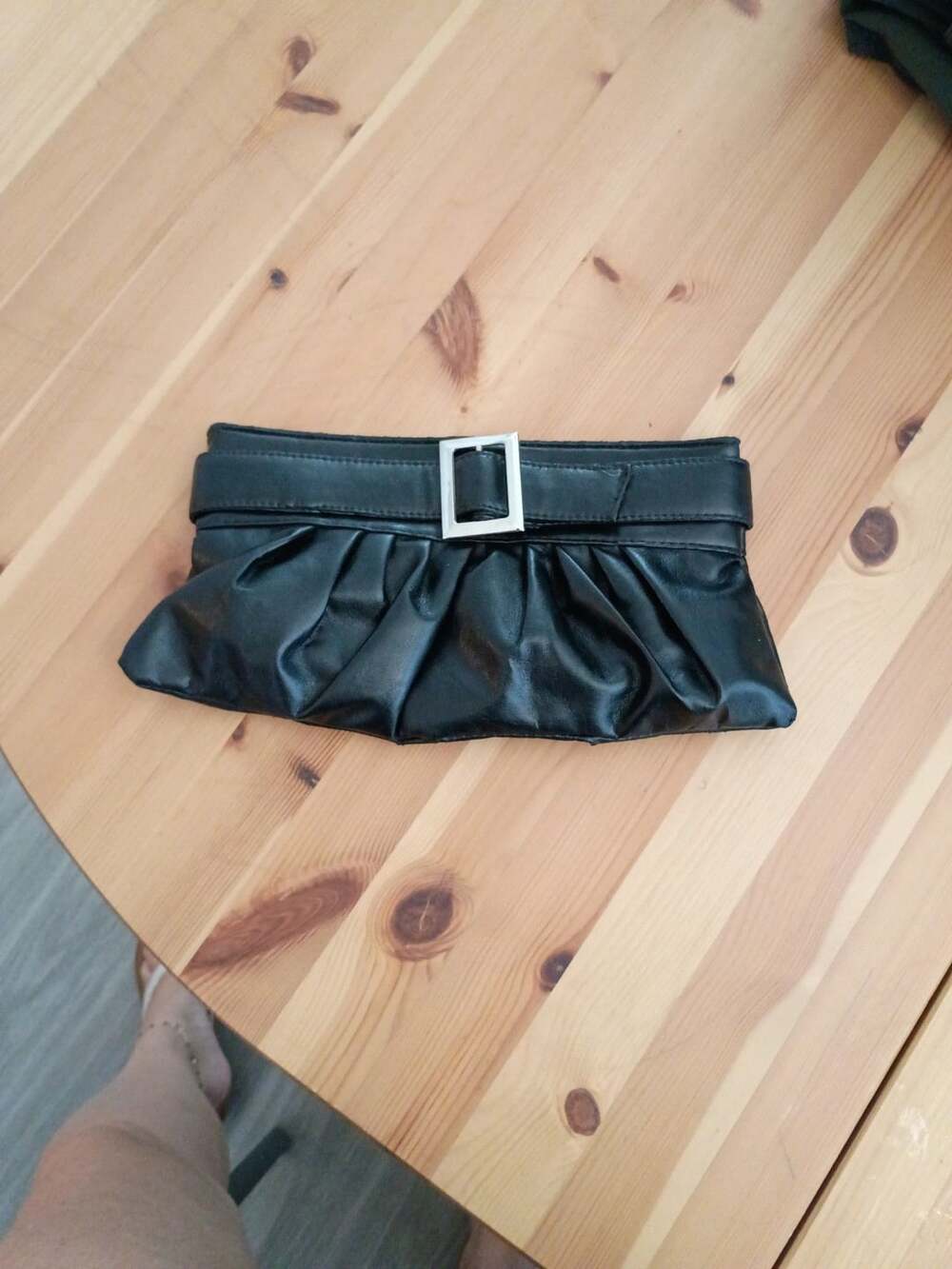 Angela Black Faux Leather Ruched Evening Clutch Bag with Buckle